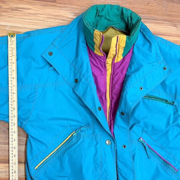 Vintage 80s Colorblock Ski Teal London Fog S Jacket Retro Neon Unisex Oversized - Picture 8 of 8